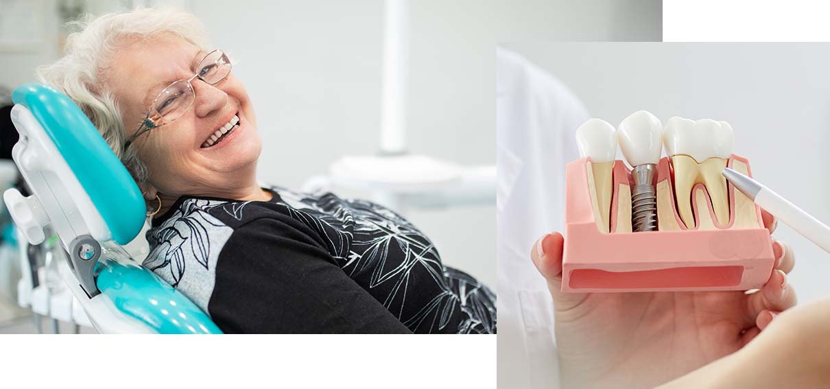 Older woman in operatory chair smiling. Inset photo of dental implant model.