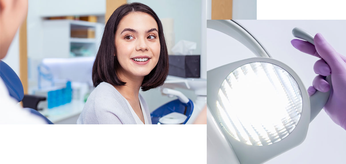 Woman looking at person. Inset of dental light.
